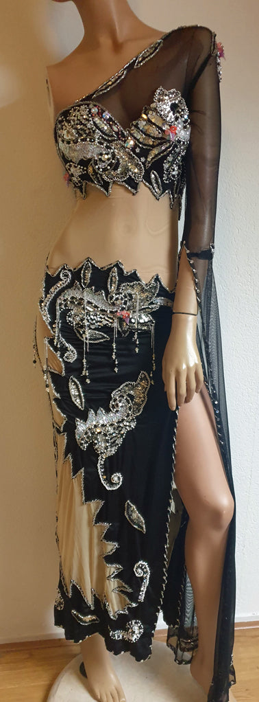 Belly dance dress Maysun asymmetrical black/silver