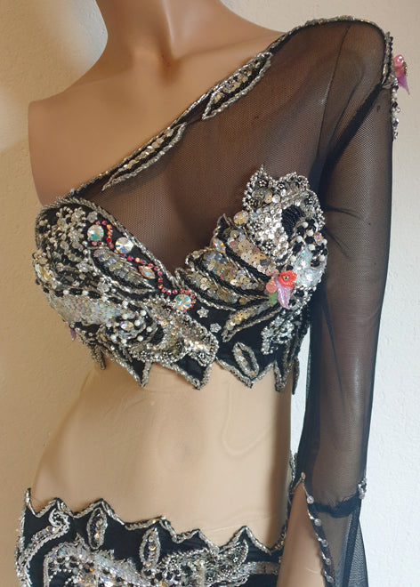 Belly dance dress Maysun asymmetrical black/silver