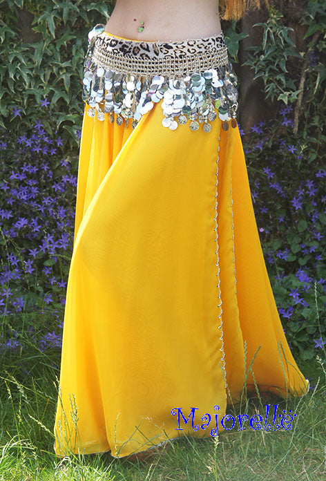 Belly dance skirt gold yellow with slit, finished with silver beads