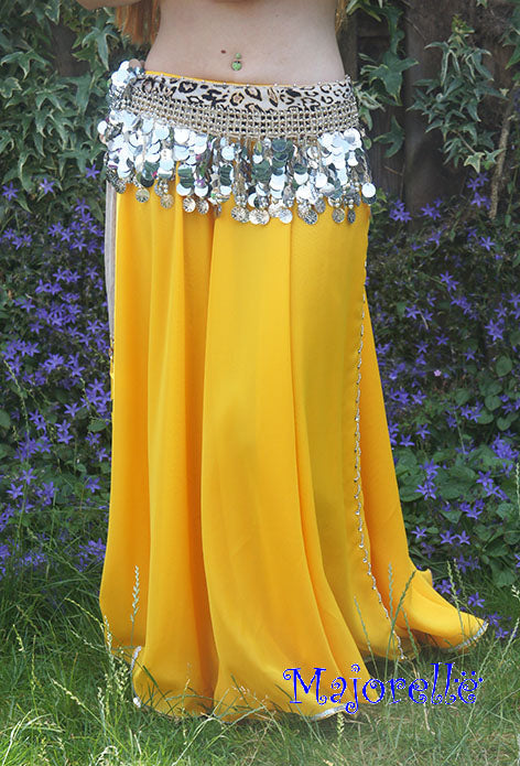 Belly dance skirt gold yellow with slit, finished with silver beads