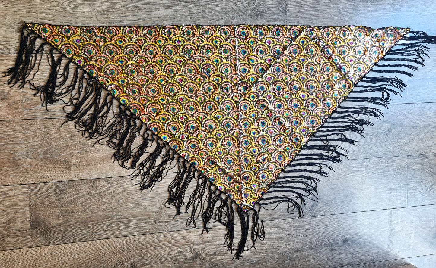 Belly dance hip scarf 'peacock' black gold without coins