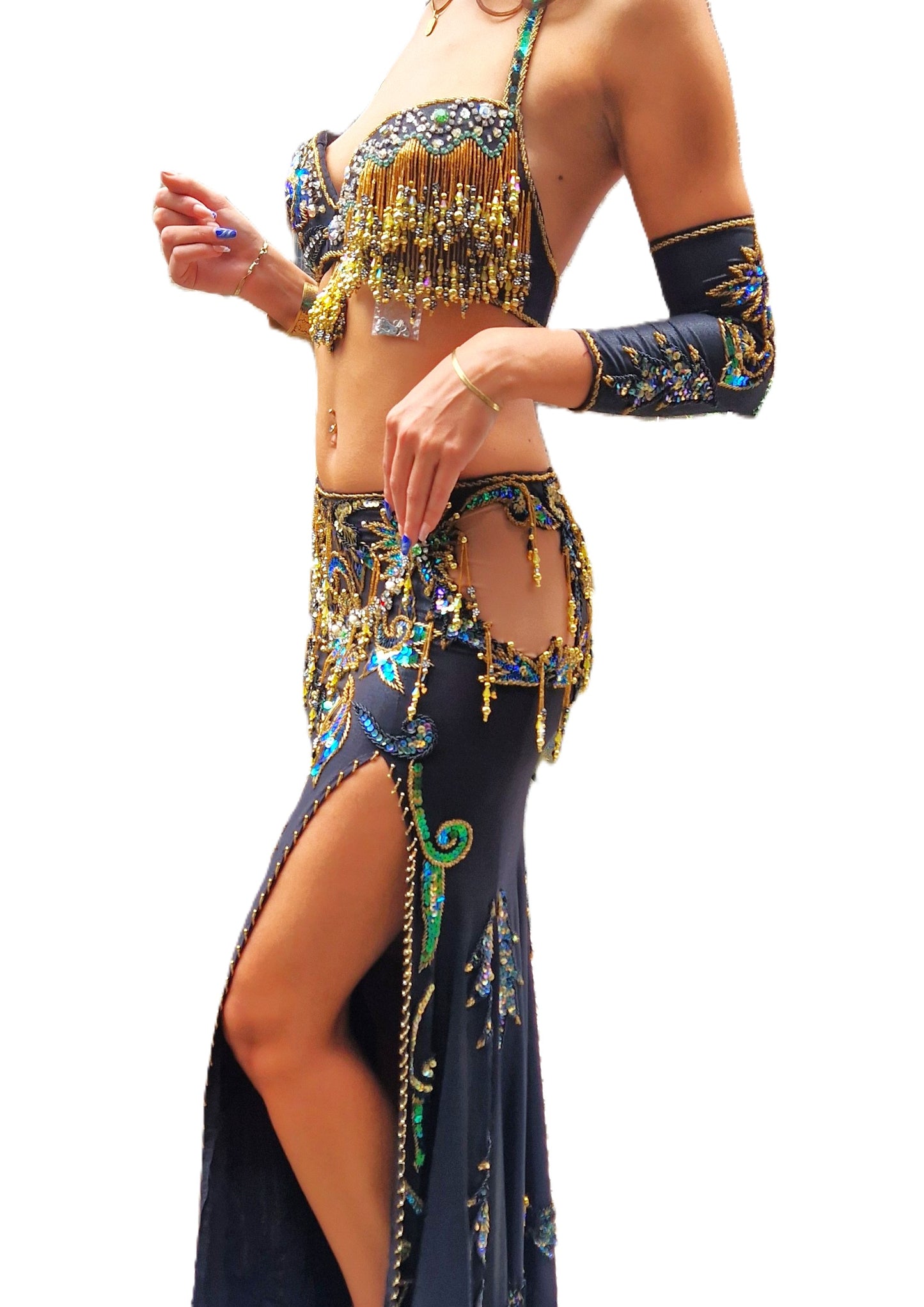 Belly dance costume black with green mother of pearl and gold sequins