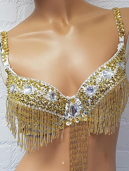Bra with gold sequins and silver rhinestones. Cup A