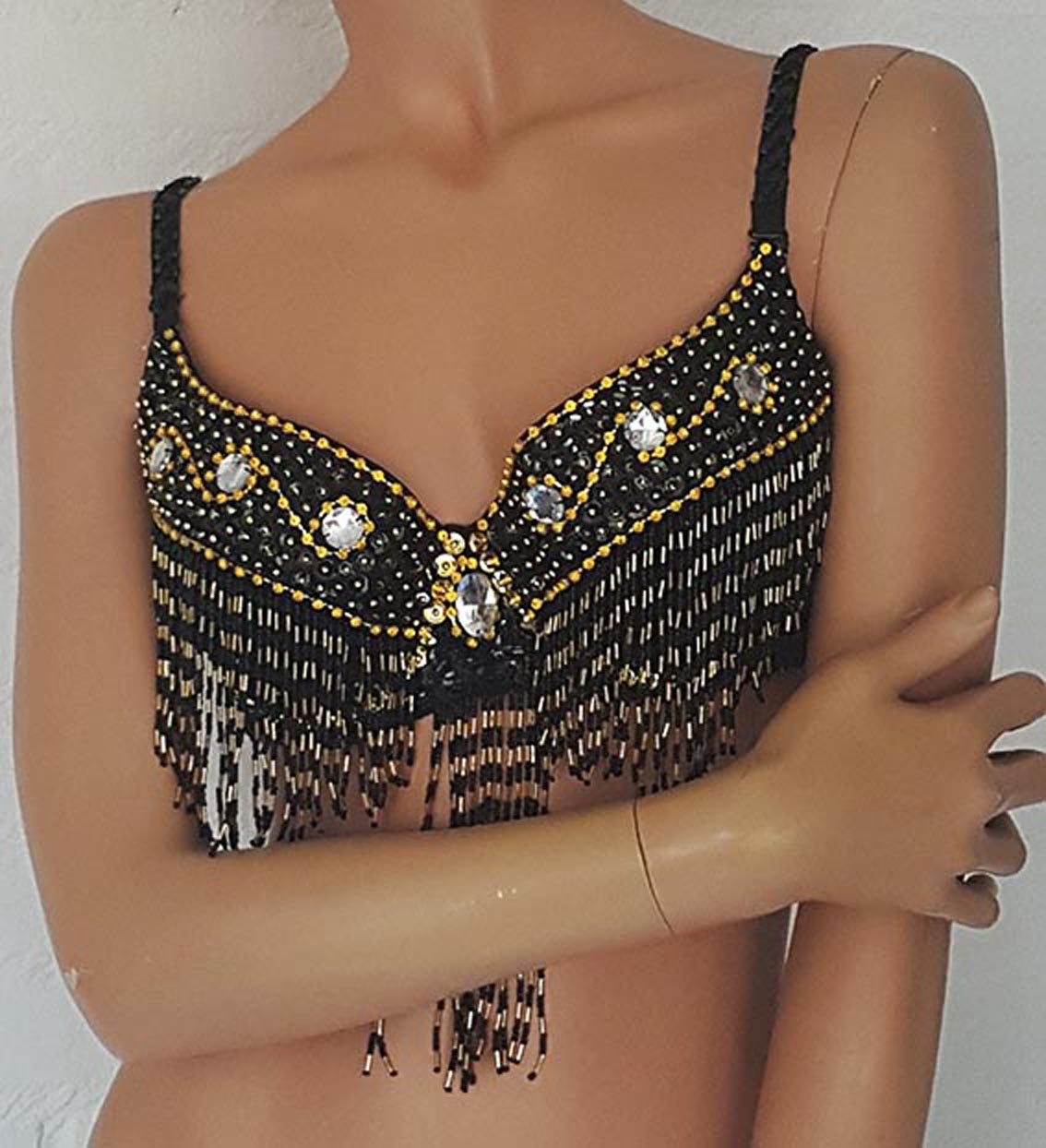 Black bra with gold sequins and silver rhinestones