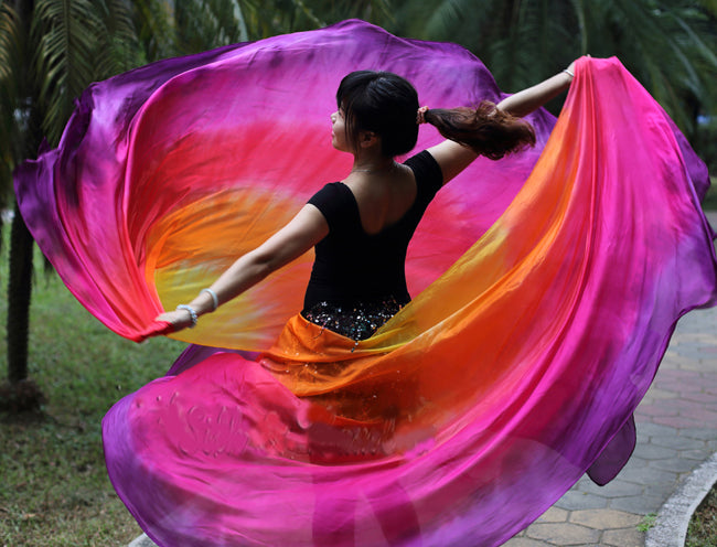 Semi-circular silk veil in yellow orange red fuchsia purple