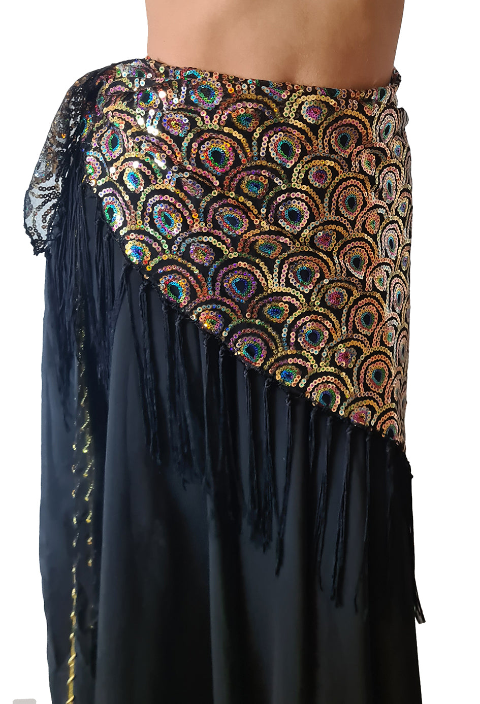 Belly dance hip scarf 'peacock' black gold without coins
