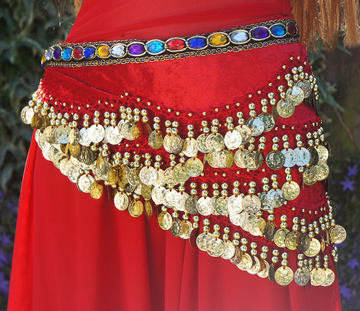 Hip scarf with stones wavy in red with gold coins