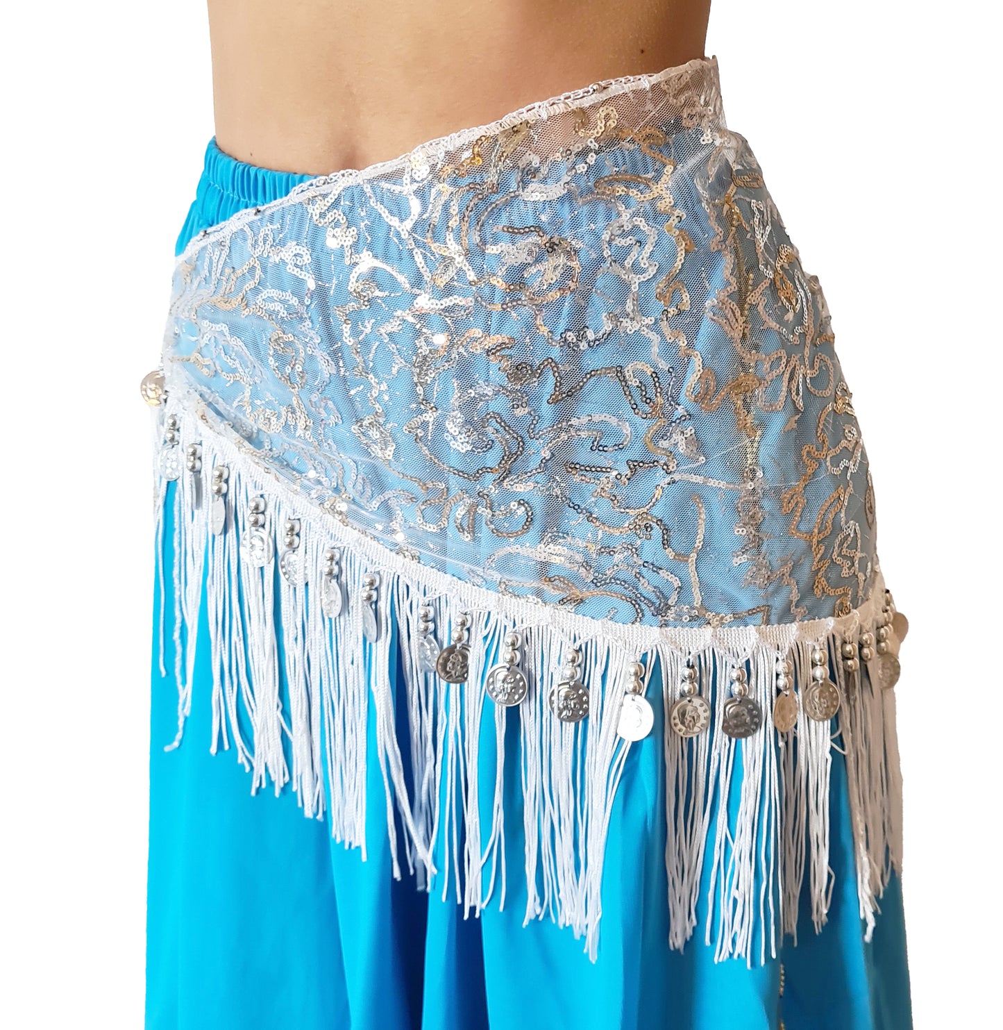 Belly dance hip scarf fuchsia with silver lines and silver coins