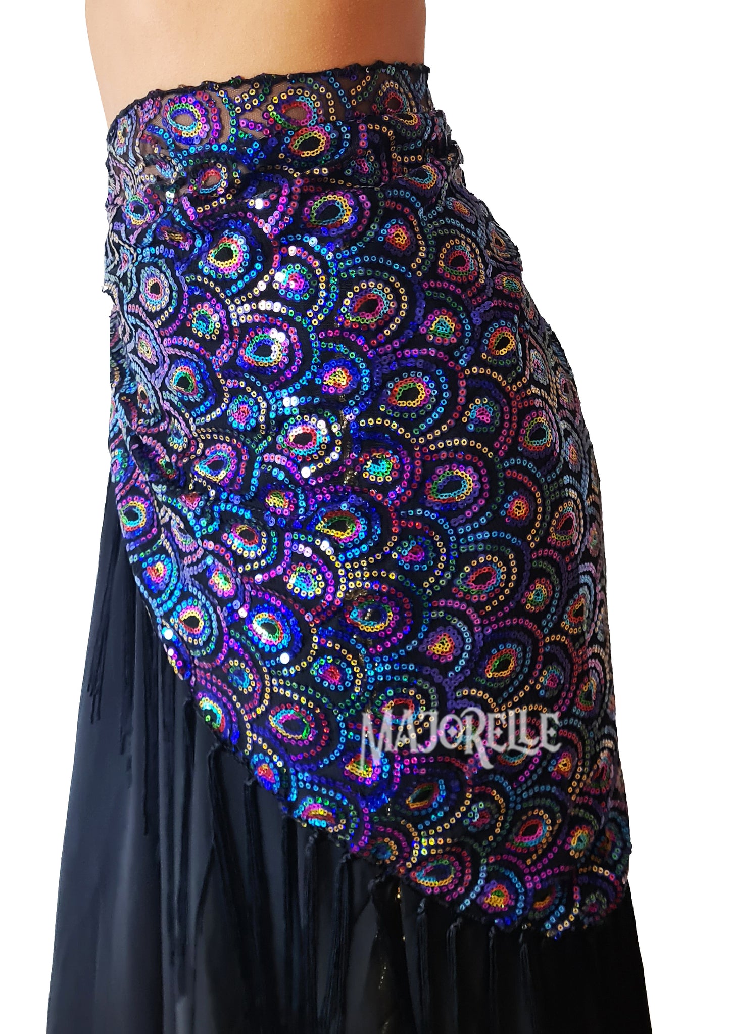 Belly dance hip scarf 'peacock' black blue without coins