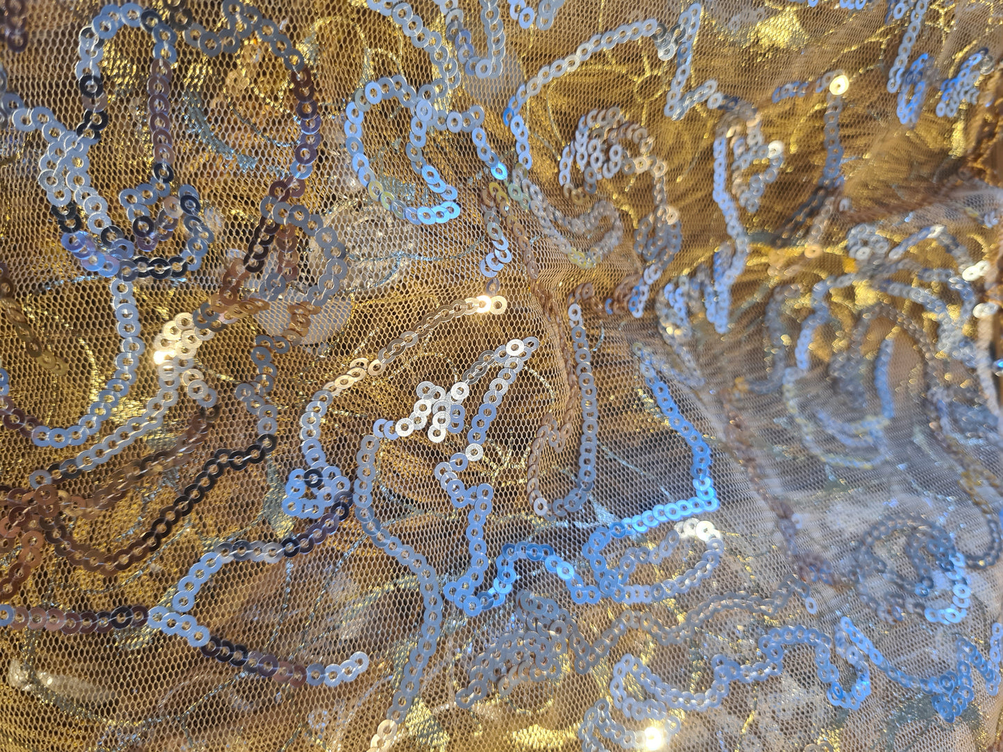 Belly dance hip scarf gold with silver lines and silver coins