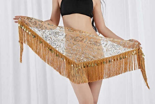 Hip scarf with gold and silver lines and gold coins