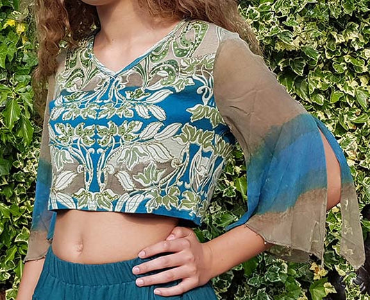Crop Top with Print and Sheer Split Sleeve in Olive Green/Petrol