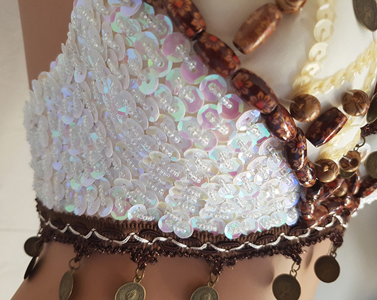 Tribal set Belt and Bra with coins and sequins in white