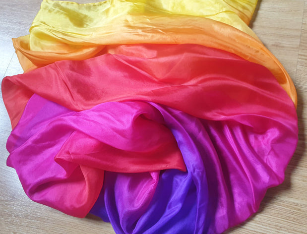 Semi-circular silk veil in yellow orange red fuchsia purple