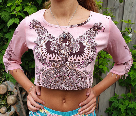 Shirt with peacock print and transparent sleeve in pink