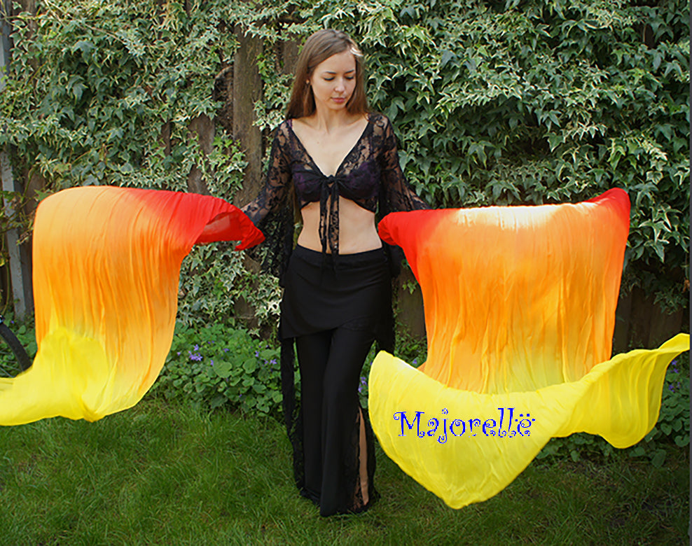 Beautiful silk belly dance veil fans Fire in red/orange/yellow