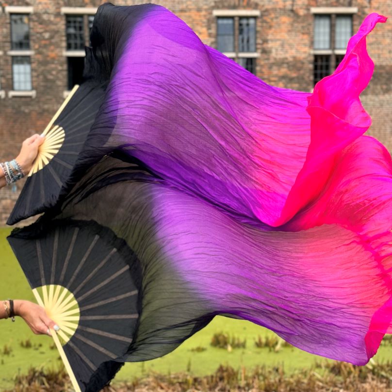 Silk belly dance veil fans in black/purple/fuchsia.