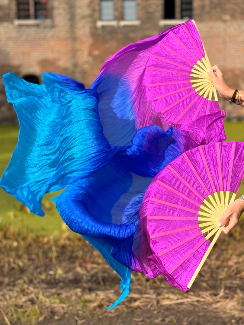 Silk veil fan in magenta purple to light purple, length 150cm,