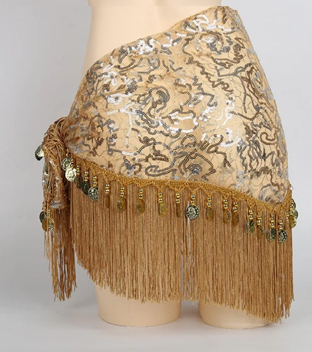 Hip scarf with gold and silver lines and gold coins